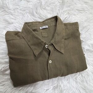 Mens Linen Italian Made Camp Shirt XL Dark Olive Green 120% Lino Italy Luxury